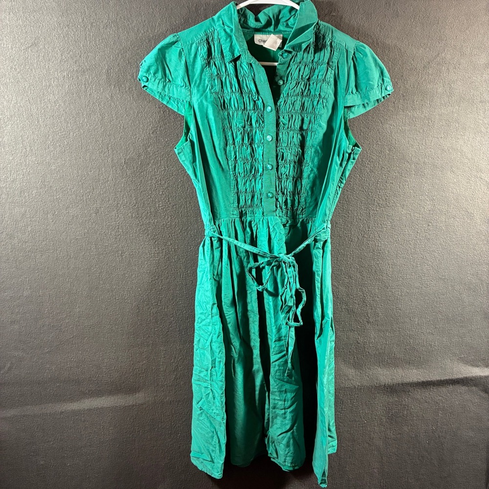 VTG Chadwicks women silk Dress 12 Cotton Ruched Shirred Belted Teal Green